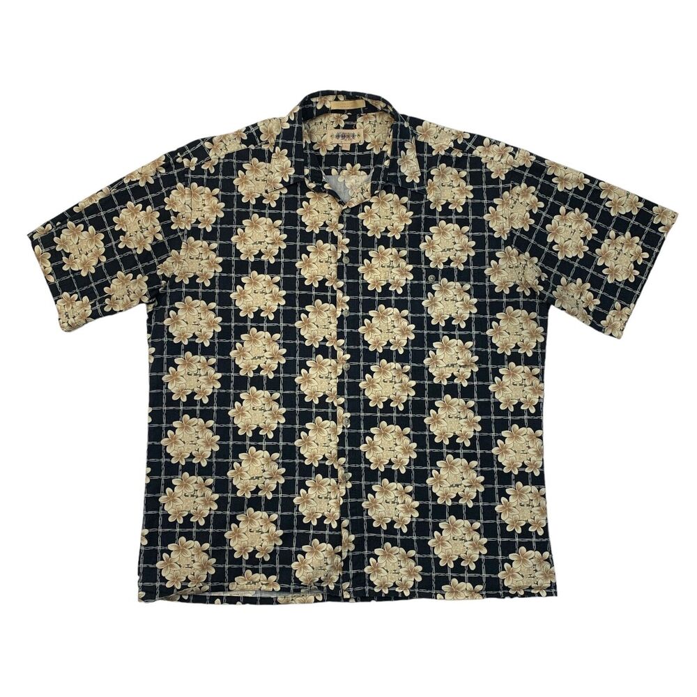 Vintage Campia Moda Shirt Mens L Large Black Cream Cotton Floral Hawaiian 90s